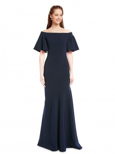 Off the Shoulder Formal Crepe Bridesmaid Dress / Prom Dress with Short Ruffle Sleeves. UK