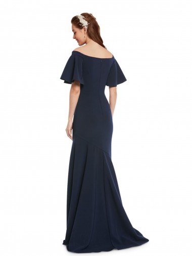 Off the Shoulder Formal Crepe Bridesmaid Dress / Prom Dress with Short Ruffle Sleeves. UK
