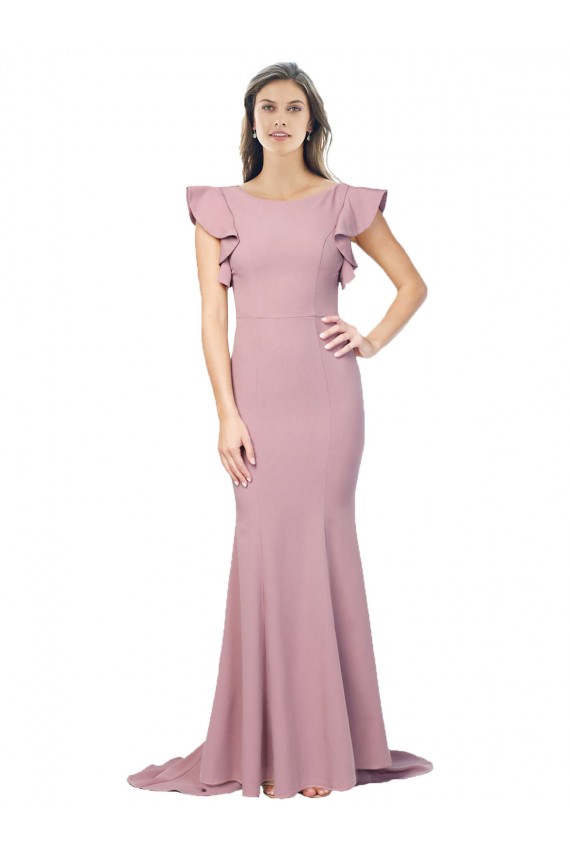 Flutter Sleeves Low V-Back High Round Neck Formal Crepe Bridesmaid Dress / Prom Dress UK