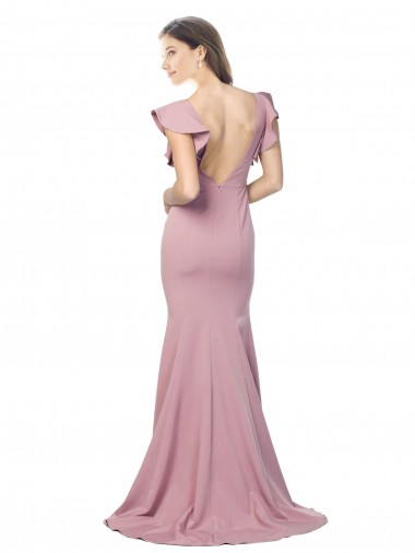 Flutter Sleeves Low V-Back High Round Neck Formal Crepe Bridesmaid Dress / Prom Dress UK