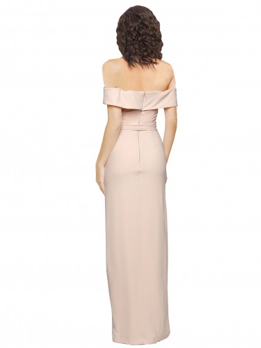 Off the Shoulder Long Formal Crepe Bridesmaid Dress / Prom Dress with Waist Tie and Slit UK