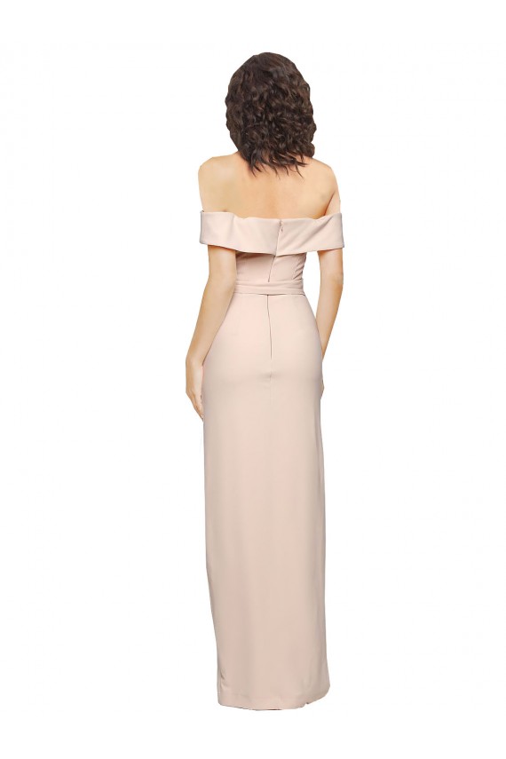Off the Shoulder Long Formal Crepe Bridesmaid Dress / Prom Dress with Waist Tie and Slit UK