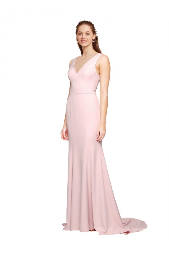 Deep V-Neckline and Back Long Sweep Train Crepe Bridesmaid Dress / Prom Dress with Shoulder Straps UK