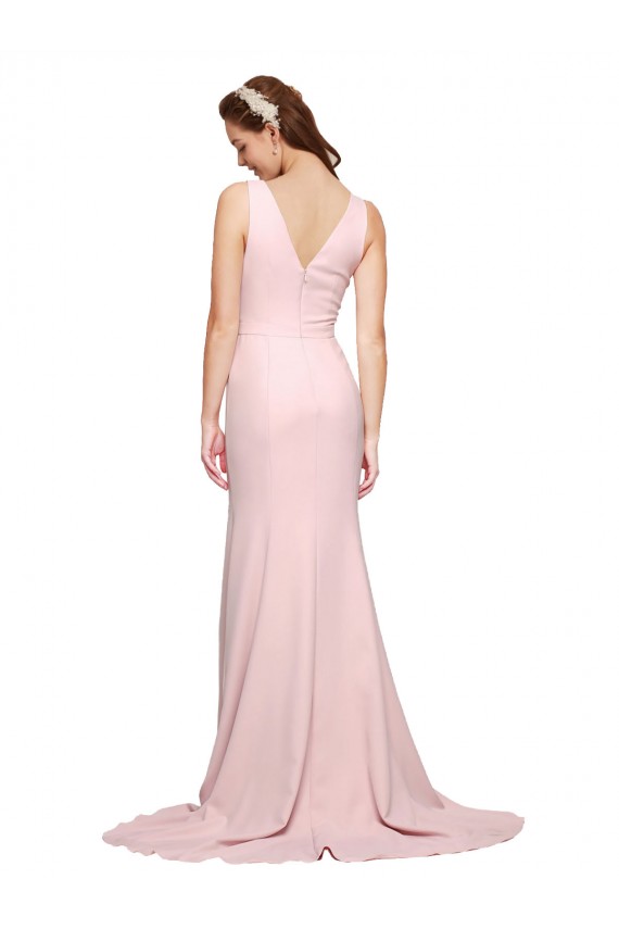 Deep V-Neckline and Back Long Sweep Train Crepe Bridesmaid Dress / Prom Dress with Shoulder Straps UK