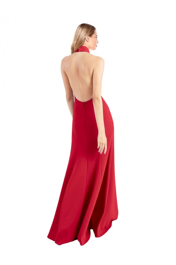 Sleek Fit and Flare High Neck Halter Stretch Formal Crepe Bridesmaid Dress / Prom Dress with Open Back UK