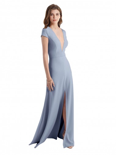 Plunging V-Neck Cap Sleeves Stretch Crepe Bridesmaid Dress / Prom Dress with Front Slit UK