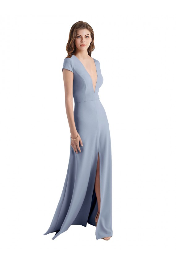 Plunging V-Neck Cap Sleeves Stretch Crepe Bridesmaid Dress / Prom Dress with Front Slit UK