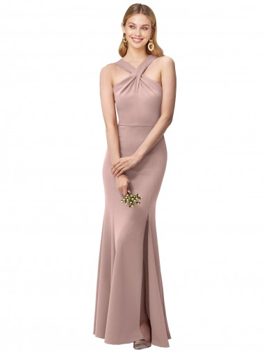 Long Floor Length High Neck Fit and Flare Stretch Crepe Bridesmaid Dress / Prom Dress with Side Slit UK