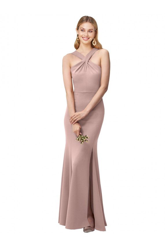 Long Floor Length High Neck Fit and Flare Stretch Crepe Bridesmaid Dress / Prom Dress with Side Slit UK
