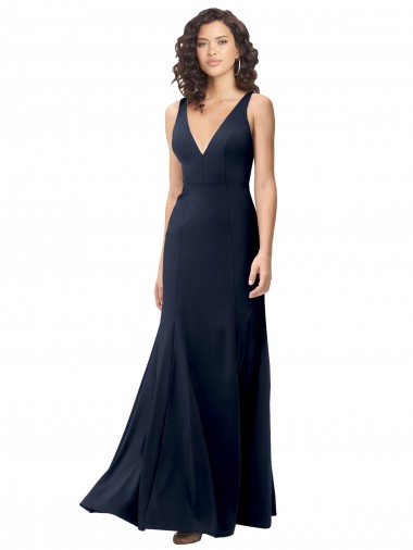 Classic V-Neck Long Stretch Formal Crepe Bridesmaid Dress / Prom Dress with V-Back UK