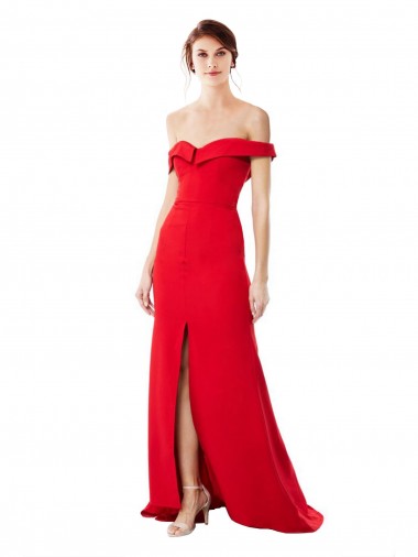 Off the Shoulder Chapel Train Formal Crepe Bridesmaid Dress / Prom Dress with Thigh-High slit UK