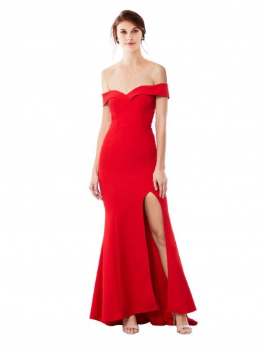 Off the Shoulder Sweetheart Maxi Formal Crepe Bridesmaid Dress / Prom Dress With Thigh Split and Train UK