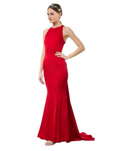 High Neck Mermaid Open Back Formal Crepe Maxi Bridesmaid Dress / Prom Dress with Train Detail UK