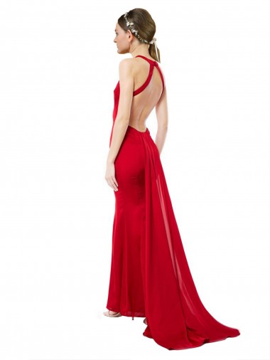 High Neck Mermaid Open Back Formal Crepe Maxi Bridesmaid Dress / Prom Dress with Train Detail UK