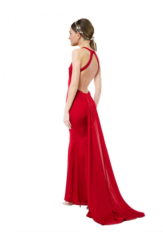 High Neck Mermaid Open Back Formal Crepe Maxi Bridesmaid Dress / Prom Dress with Train Detail UK