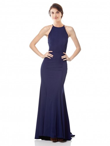 High Neck Fishtail Formal Crepe Bridesmaid Dress / Prom Dress with Open Back Detail UK