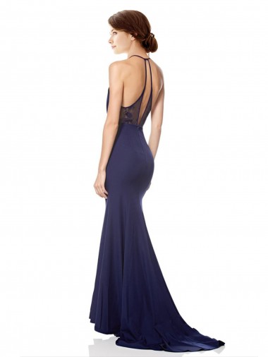 High Neck Fishtail Formal Crepe Bridesmaid Dress / Prom Dress with Open Back Detail UK