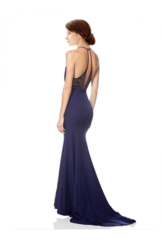 High Neck Fishtail Formal Crepe Bridesmaid Dress / Prom Dress with Open Back Detail UK
