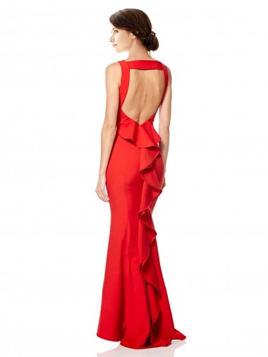 High Neck Maxi Formal Crepe Bridesmiad Dress with Exaggerated Back Ruffle UK