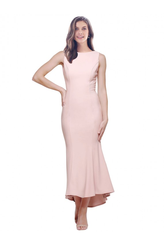 High Neck Low V-Back Cocktail Midi Length Formal Crepe Bridesmaid Dress / Prom Dress UK