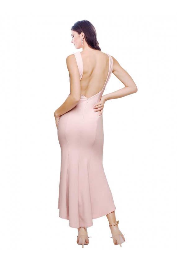 High Neck Low V-Back Cocktail Midi Length Formal Crepe Bridesmaid Dress / Prom Dress UK