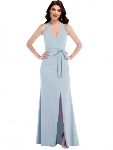 Open Back Halter Maxi Formal Crepe Bridesmaid Dress / Prom Dress with Draped Bow UK