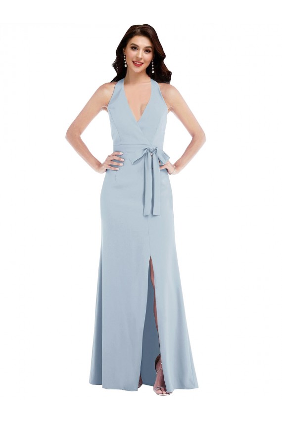 Open Back Halter Maxi Formal Crepe Bridesmaid Dress / Prom Dress with Draped Bow UK