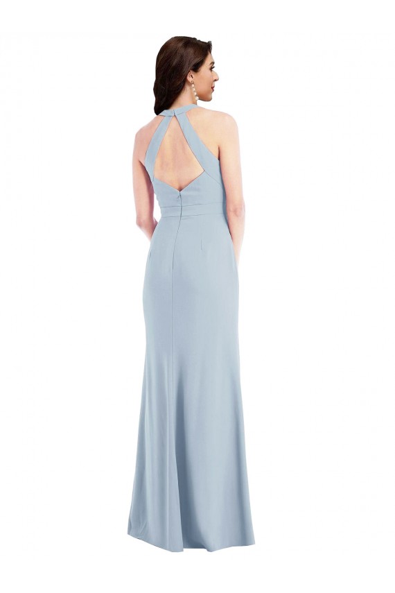 Open Back Halter Maxi Formal Crepe Bridesmaid Dress / Prom Dress with Draped Bow UK
