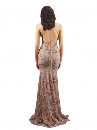Floral Patterned Backless V-Neckline Sequin Formal Bridesmaid Dress / Prom Dress UK