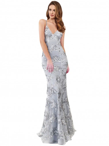Silver V-Neckline Backless Floral Patterned Sequin Formal Bridesmaid Dress / Prom Dress UK