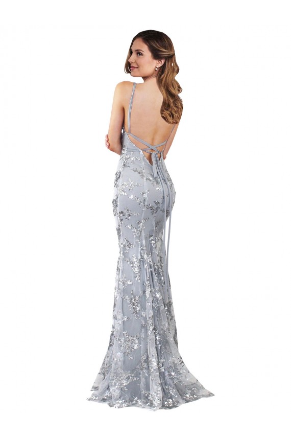 Silver V-Neckline Backless Floral Patterned Sequin Formal Bridesmaid Dress / Prom Dress UK