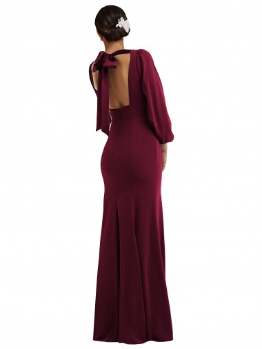 Bishop Sleeve Open Back Trumpet Formal Crepe Bridesmaid Dress / Prom Dress with Scarf Tie UK