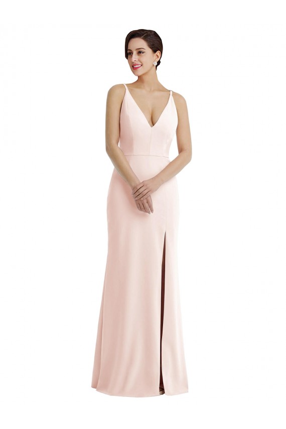 Skinny Strap Deep V-Neck Trumpet Formal Crepe Bridesmaid Dress / Prom Dress with Front Slit UK