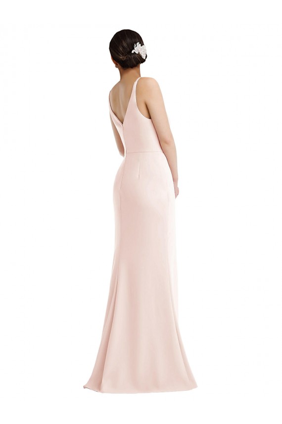 Skinny Strap Deep V-Neck Trumpet Formal Crepe Bridesmaid Dress / Prom Dress with Front Slit UK