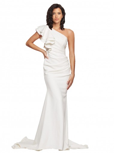 Ruched Long Sweep Train Crepe Bridesmaid Dress / Prom Dress with Shoulder Ruffles UK