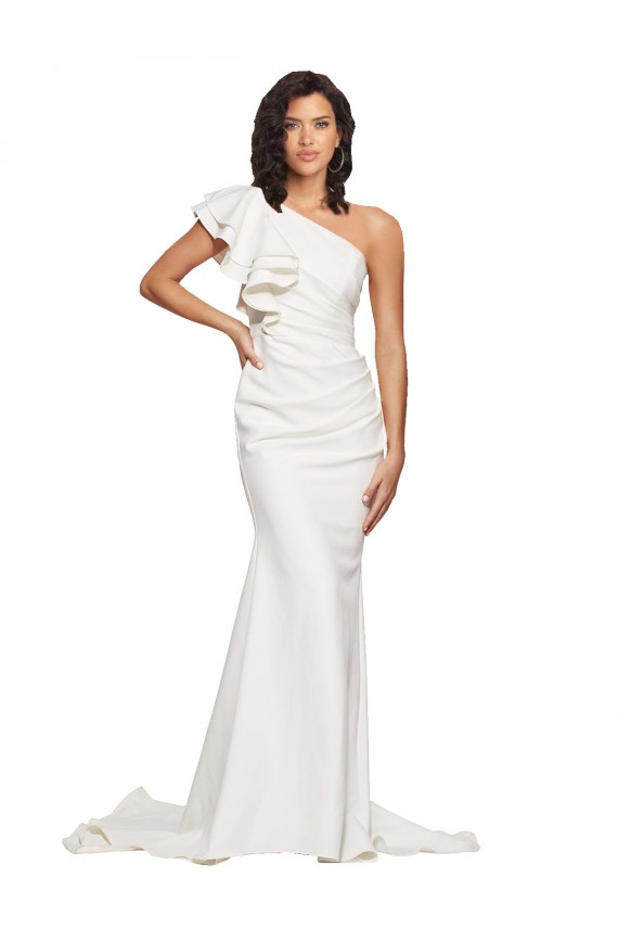 Ruched Long Sweep Train Crepe Bridesmaid Dress / Prom Dress with Shoulder Ruffles UK