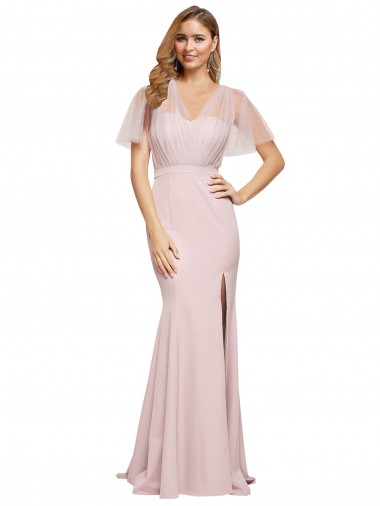 Crepe Long Sweetheart Neckline Formal Bridesmaid Dress / Prom Dress with Tulle Overlay Shoulders UK