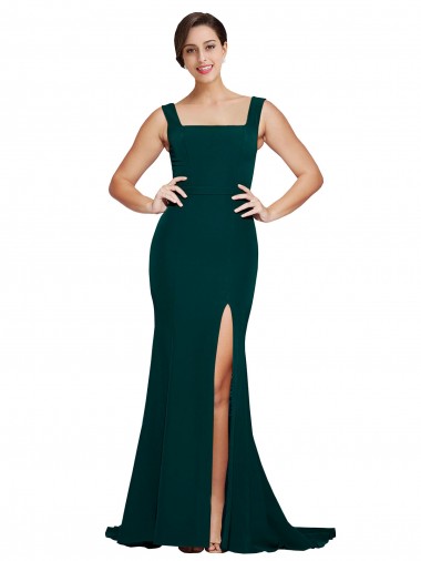 Fitted Square Neck Long Crepe Bridesmaid Dress / Prom Dress with Train and Side Split UK