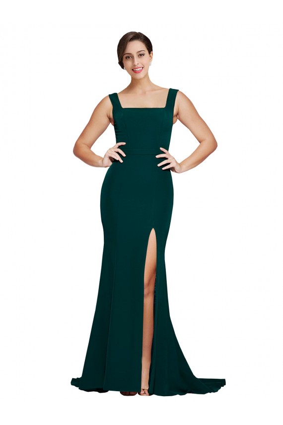 Fitted Square Neck Long Crepe Bridesmaid Dress / Prom Dress with Train and Side Split UK