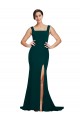 Fitted Square Neck Long Crepe Bridesmaid Dress / Prom Dress with Train and Side Split UK