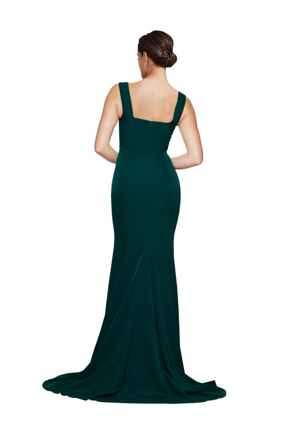 Fitted Square Neck Long Crepe Bridesmaid Dress / Prom Dress with Train and Side Split UK