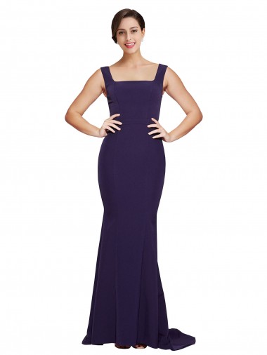 Square Neck Long Sweep Train Crepe Bridesmaid Dress / Prom Dress with Thick Straps UK
