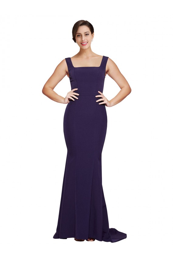 Square Neck Long Sweep Train Crepe Bridesmaid Dress / Prom Dress with Thick Straps UK