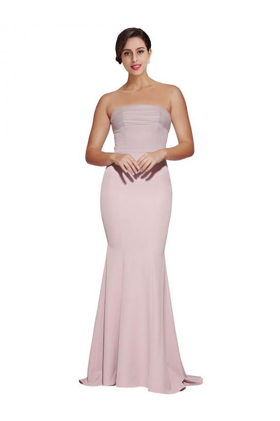 Straight Neck Long Strapless Formal Crepe Bridesmaid Dress / Prom Dress with Soft Tulle Overlay and Small Train UK