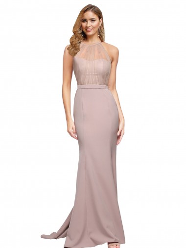 Long Sweetheart Formal Crepe Bridesmaid Dress / Prom Dress with High Neck Illusion Tulle Details UK