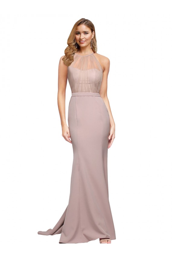 Long Sweetheart Formal Crepe Bridesmaid Dress / Prom Dress with High Neck Illusion Tulle Details UK