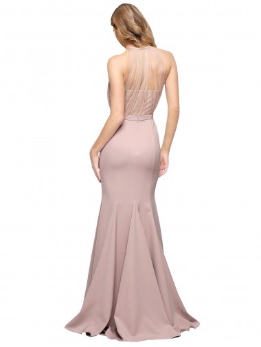 Long Sweetheart Formal Crepe Bridesmaid Dress / Prom Dress with High Neck Illusion Tulle Details UK
