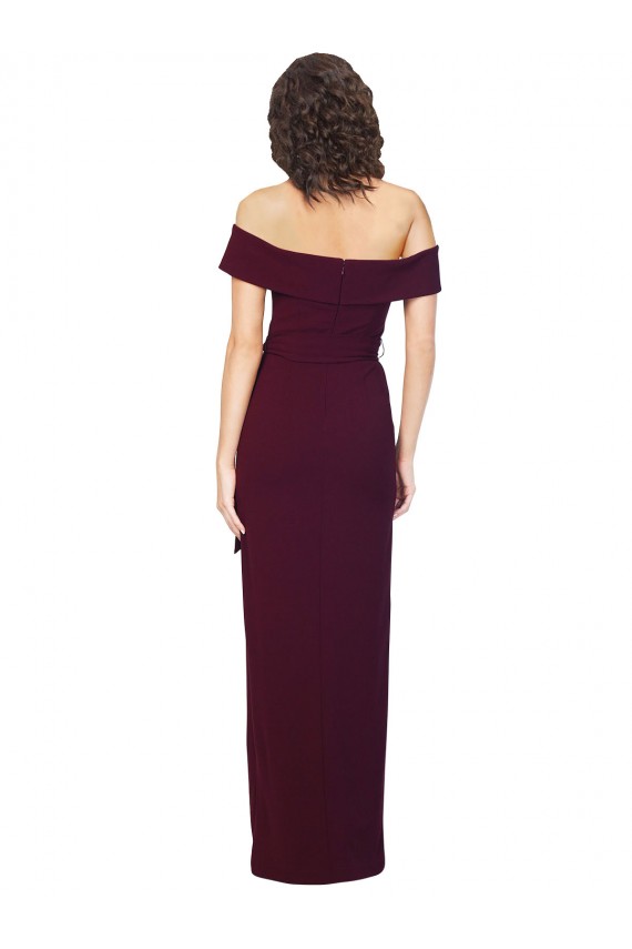 Fitted Full Length Off the Shoulder Formal Crepe Bridesmaid Dress / Prom Dress with Side Split and Waist Tie UK