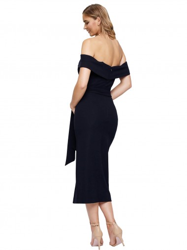 Fitted Short Cocktail Midi Length Off the Shoulder Formal Crepe Bridesmaid Dress / Prom Dress with Side Split and Waist Tie UK