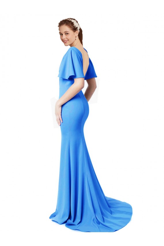 Short Sleeves Long V-Neck Crepe Bridesmaid Dress / Prom Dress with V-Back UK